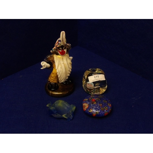 177 - A mid century art glass model of a clown, various paper weights and a Daum style dish