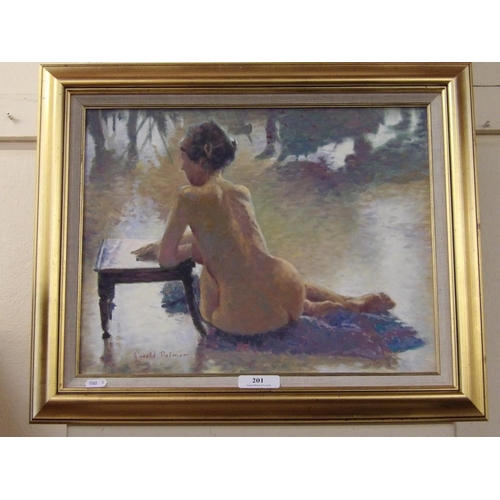 201 - Gerald Palmer - Study of a nude oil on artist's board, signed 34cm x 44cm