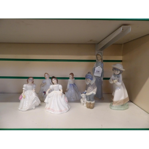 220 - Four Royal Doulton lady figurines together with two Lladro figurines and a Nao figurine