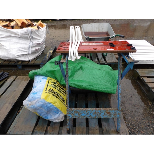 96 - A folding work bench together with various plastic tarpaulins