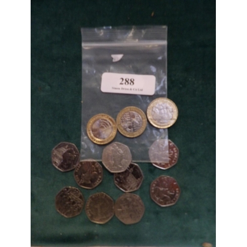 288 - A collection of nine 50p pieces together with three £2 coins