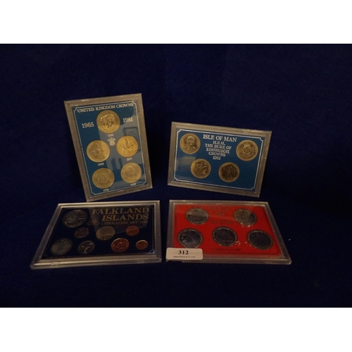 312 - Four sets of uncirculated coins, Falklands Liberation, Isle of Man Duke of Normany, Isle of Man Amer... 