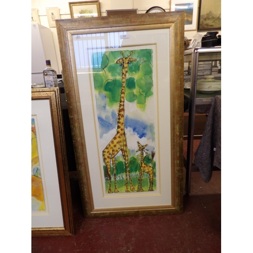 Sarah Hutton - "Giraffes", original water colour 87cm x 33cm