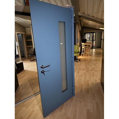 169 - A turquoise coloured part glazed aluminium door and frame