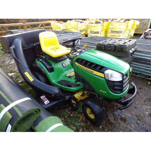 30 - A John Deere X145 garden tractor fitted a mower deck and grass collection system, odometer reading 3... 