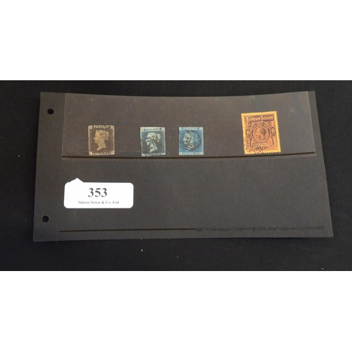 353 - A collection of four vintage stamps, namely a Penny Black, two Penny Blues and a Falklands Islands £... 