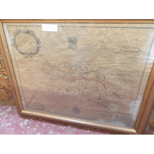 360 - A framed map of Jersey by Philip Dumaresq together with a framed chart of the Islands of Jersey, Gue... 