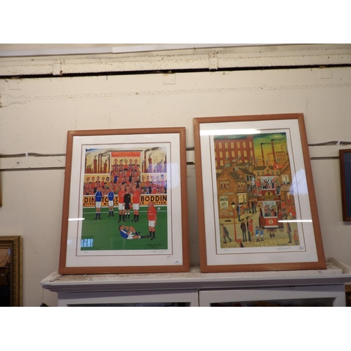 428 - Two large Des Minikin limited edition prints of Manchester United and Manchester City football games