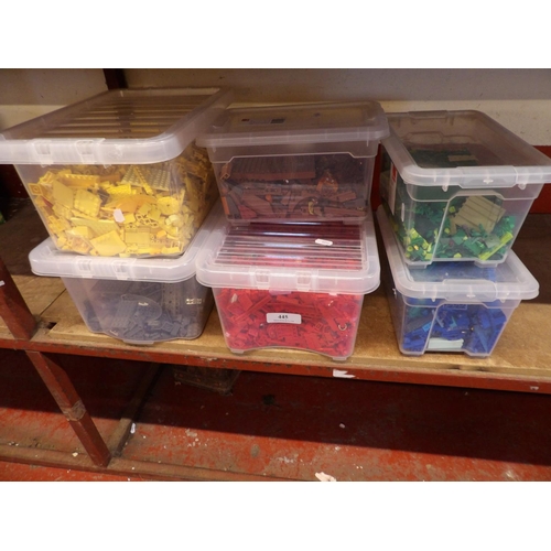 445 - Six boxes of Lego, divided by colour