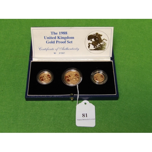 81 - A Royal Mint 1988 United Kingdom gold proof set comprising of a double sovereign, a sovereign and a ... 