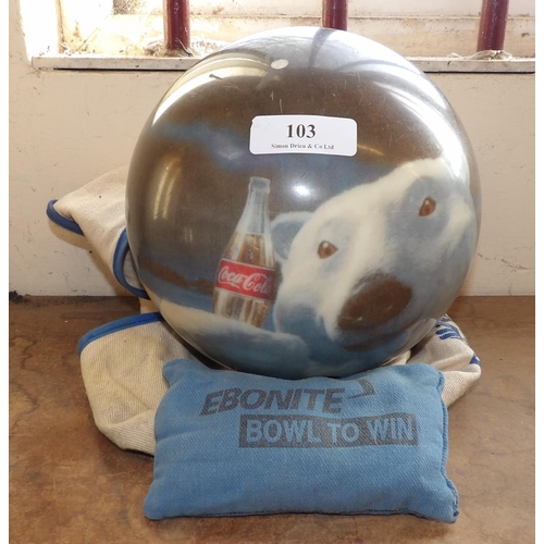 103 - An American Viz-a-Ball ten pin bowling ball with Coca Cola Polar Bear decoration