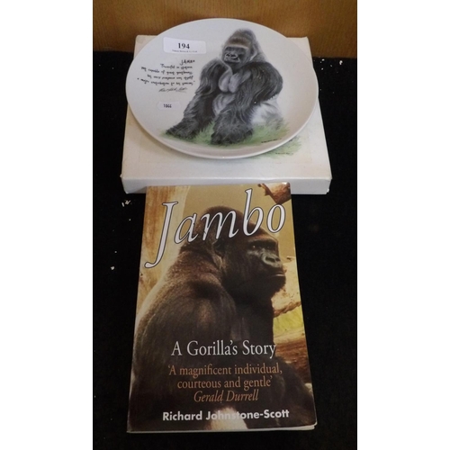 194 - A Durrell Jersey Pottery limited edition plate depicting Jambo the Gorilla together with an accompan... 