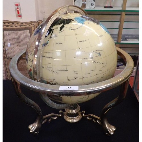 213 - A semi precious stone globe mounted within a gimbal stand