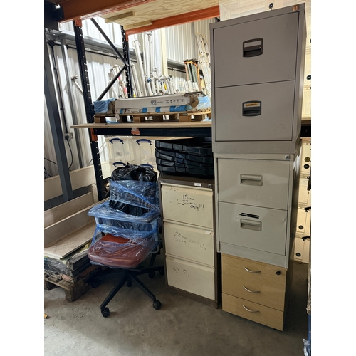 152 - Three metallic filing cabinets, an office pedestal and two typist's revolving chairs