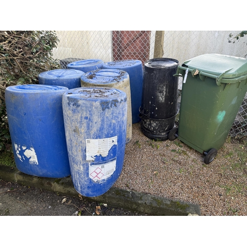 45 - A wheelie bin, six PVC barrels and three dustbins