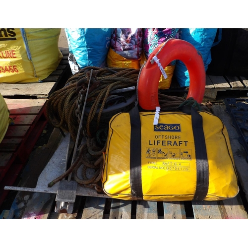 60 - A Seago offshore life raft, various ropes, anchors and warp, a life buoy etc.