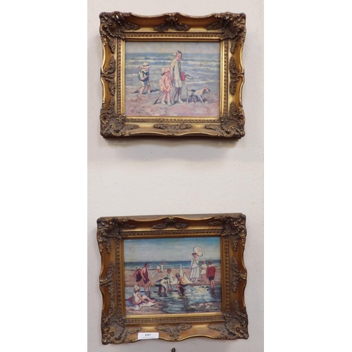 197 - A pair of gilt framed pictures depicting vintage beach scenes