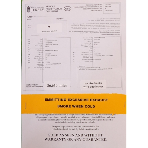 7 - A 2008 Mini Cooper Sidewalk 1.6 convertible J144332 (petrol/manual), odometer reading 86,630 miles