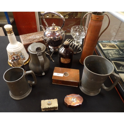 303 - A range of antique pewter including a lidded jug monogrammed and dated 1806, a spirit kettle, trench... 