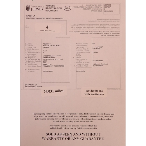 4 - A 2007 Peugeot 407 SW Sport 2.0 HDi estate J117934 (diesel/automatic), odometer reading  76,031 mile... 