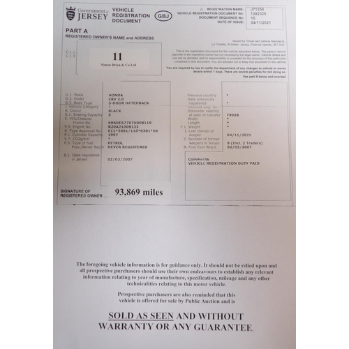 11 - A 2007 Honda CR-V 2.0 i-VTEC SUV J71234 (petrol/manual), odometer reading 93,869 miles