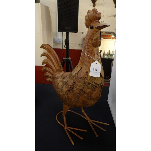 311 - A large metallic model of a chicken with intricate pierced decoration 48cm tall