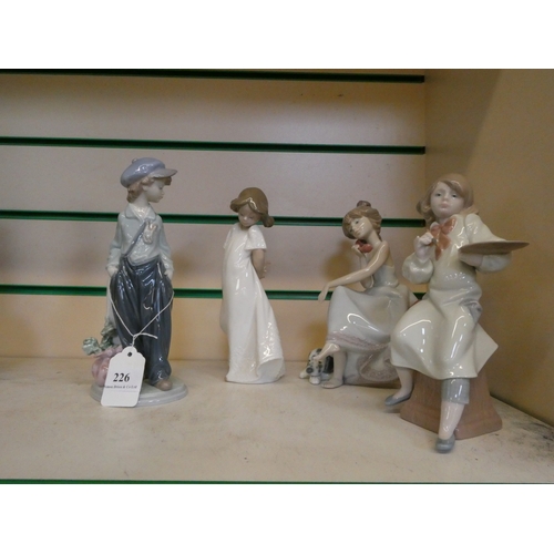 226 - Three Lladro figures together with a Nao figure of a girl in a nightdress