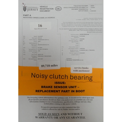 16 - A 2005 BMW X3 Sport 2.0 TDi SUV J60587 (diesel/manual), odometer reading 89,718 miles