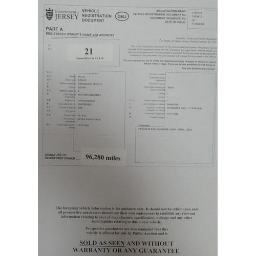 21 - A 1998 Mercedes-Benz ML320 3.2 SUV J145739 (petrol/automatic), odometer reading 96,280 miles