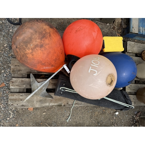 110 - Various buffs, a galvanised anchor, a live bait cage etc.