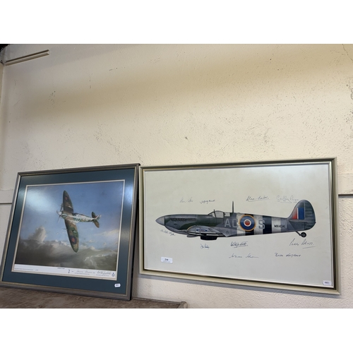 210 - Two signed aviation prints depicting a spitfire and a hurricane