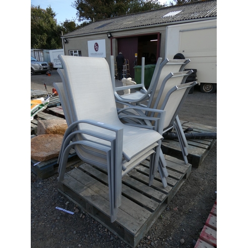 117 - A set of six fabric upholstered patio chairs together with a matching stool