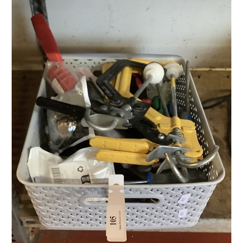 105 - Assorted clamps, various hand tools, fixings, fastenings etc.