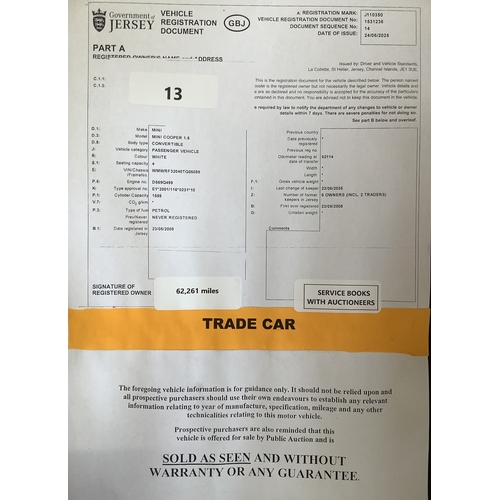 13 - A 2008 Mini Cooper 1.6 three door hatchback J110350 (petrol/automatic), odometer reading 62,261 mile... 