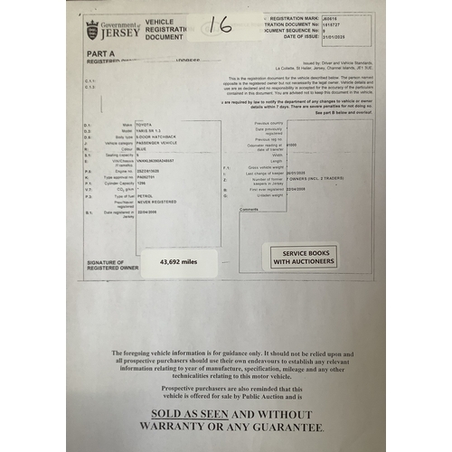 16 - A 2008 Toyota Yaris SR 1.3 five door hatchback J60616 (petrol/automatic), odometer reading 43,692 mi... 