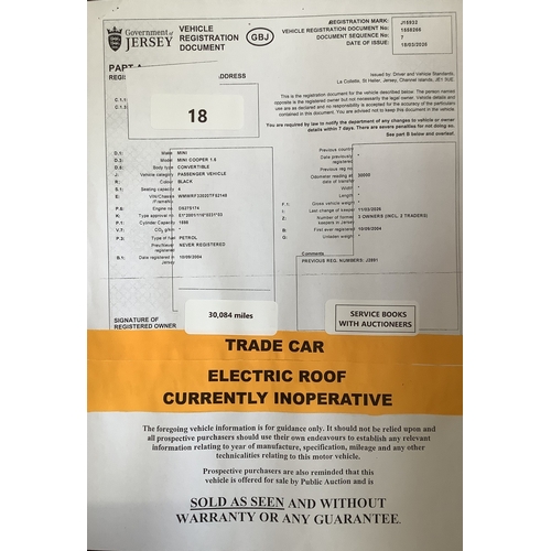 18 - A 2004 Mini Cooper 1.6 convertible J15932 (petrol/manual), odometer reading 30,084 miles - Trade car