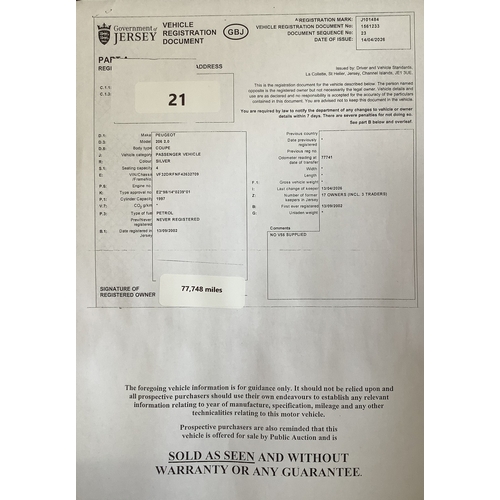 21 - A 2002 Peugeot 206 2.0 coupe convertible J101484 (petrol/manual), odometer reading 77,748 miles