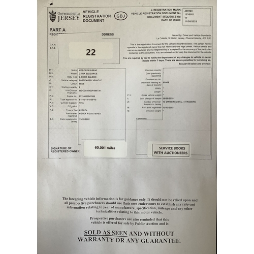 22 - A 2002 Mercedes-Benz C200 Kompressor Elegance 1.8 four door saloon J34923 (petrol/manual), odometer ... 