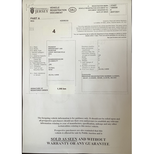 4 - A 1999 Peugeot Speedfight 100 scooter J13427, odometer reading 1,395 kilometres only - current DVS C... 