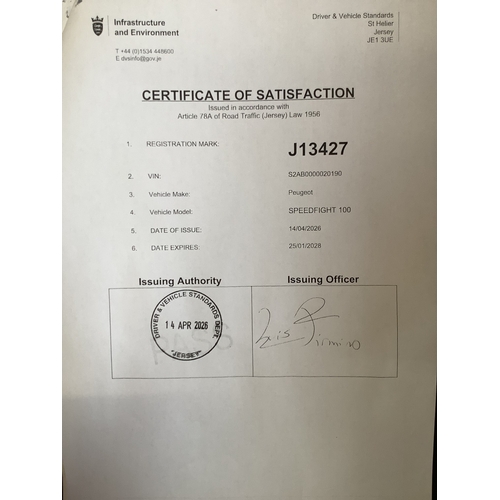 4 - A 1999 Peugeot Speedfight 100 scooter J13427, odometer reading 1,395 kilometres only - current DVS C... 