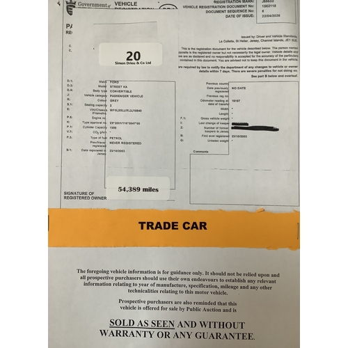 20 - A 2003 Ford Street KA 1.6 convertible J55633 (petrol/manual), odometer reading 54,389 miles - Trade ... 