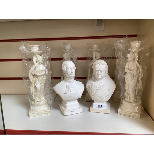 354 - A pair of busts depicting Queen Victoria and Prince Albert together with three pairs of figural cand... 
