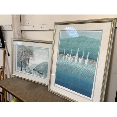 494 - Two signed limited edition prints, one depicting a river scene the other sailing boats