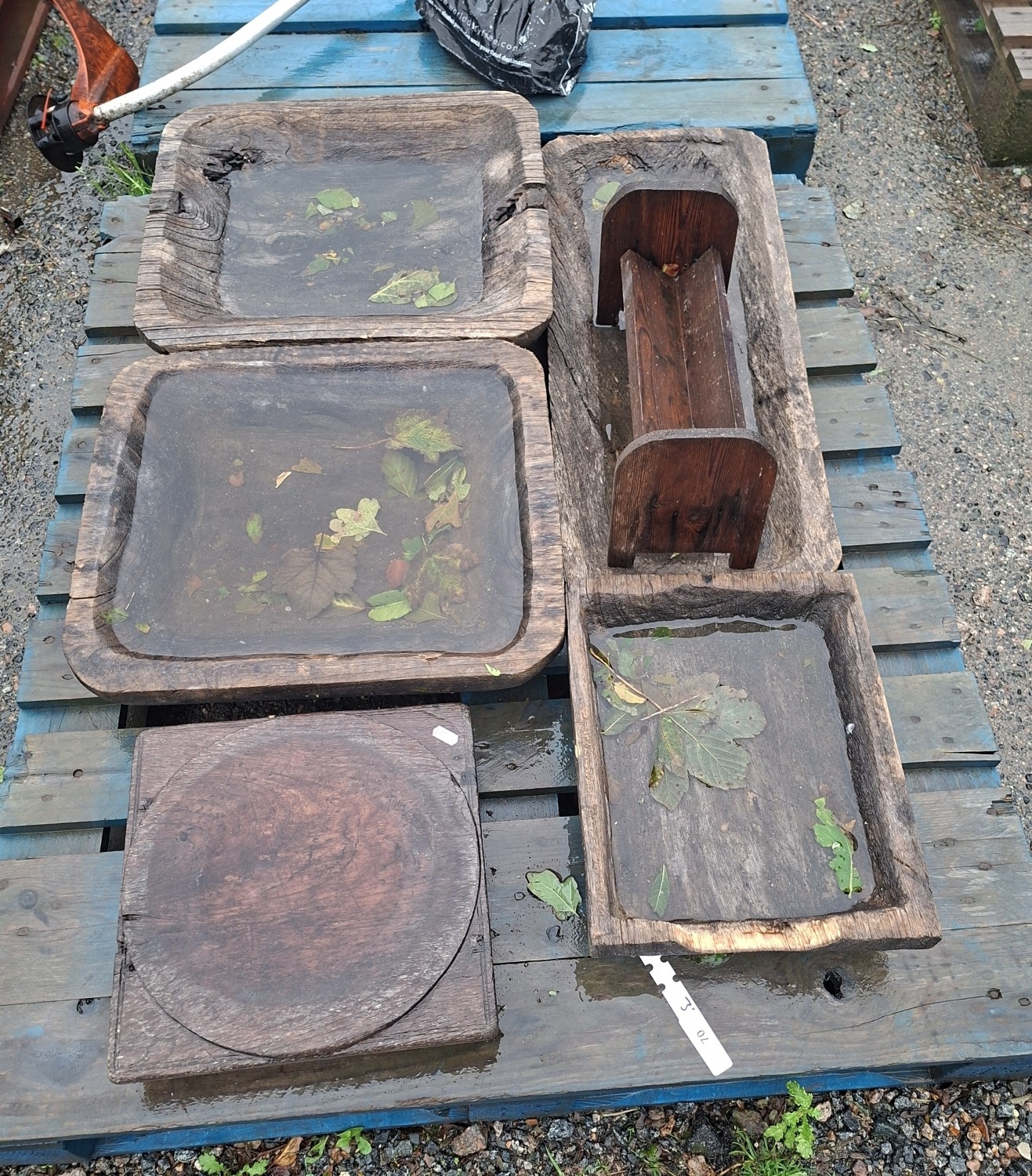 Four vintage treen bowls and other vintage timber