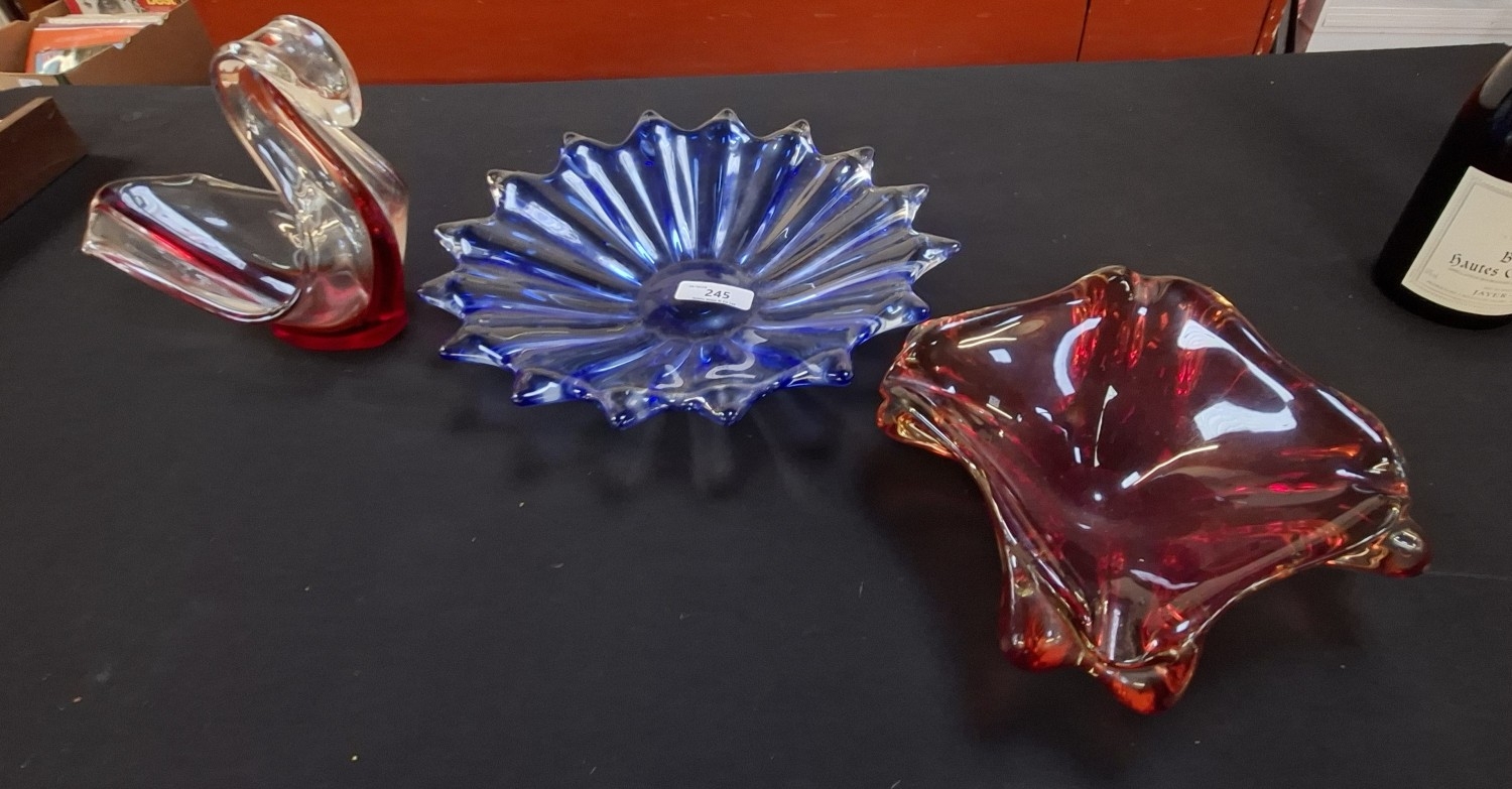 Three pieces of coloured art glass