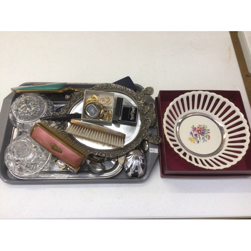 11 - Tray of plated ware, pewter dressing table mirror and jewellery