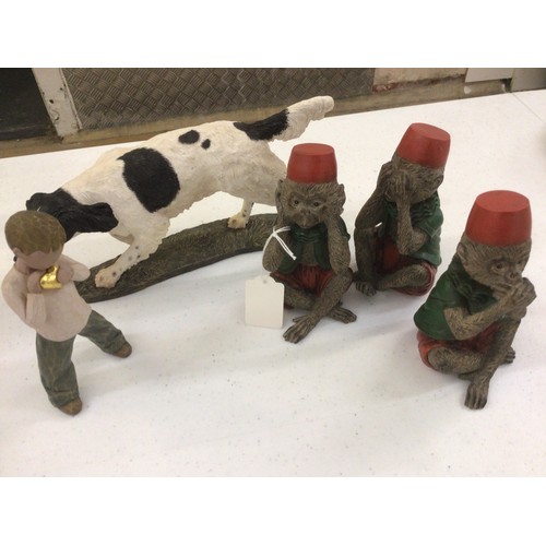 17 - Border fine arts sheep dog, 3 monkeys & Willow Tree figure