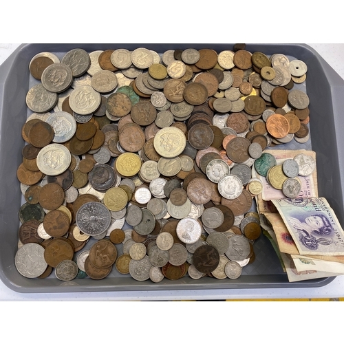 8 - Tray of coins including foreign money,  shillings, half a crown and pennies