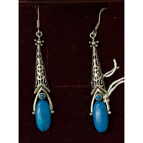 46 - Pair of 925 silver turquoise set drop earrings