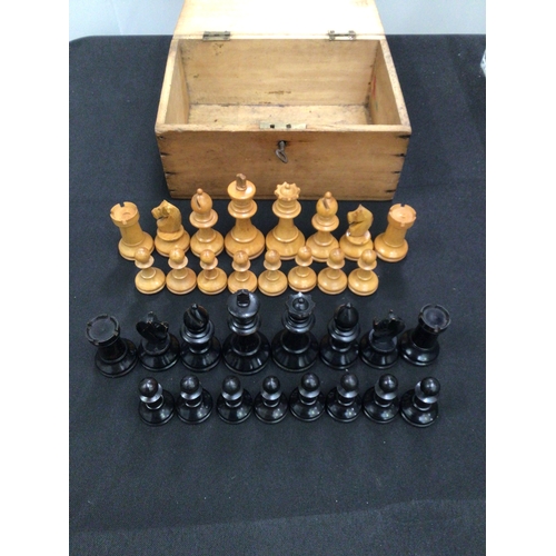 42 - Full set of fruit wood chess pieces and pine box with key